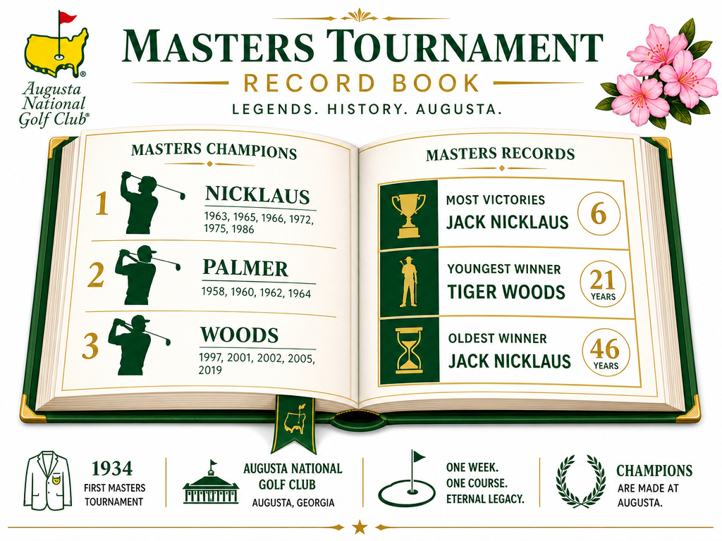 Masters Tournament record book infographic featuring legends and key statistics.