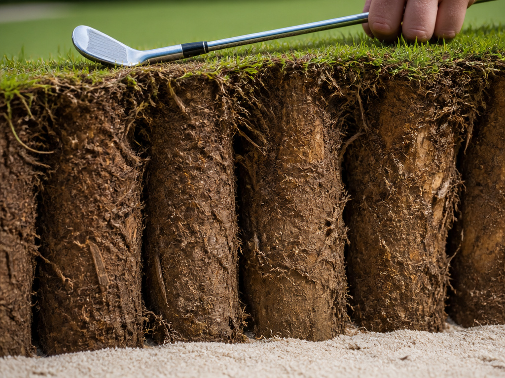 Ponga-faced bunker with tree fern trunk wall and golfer's hand on grass edge.