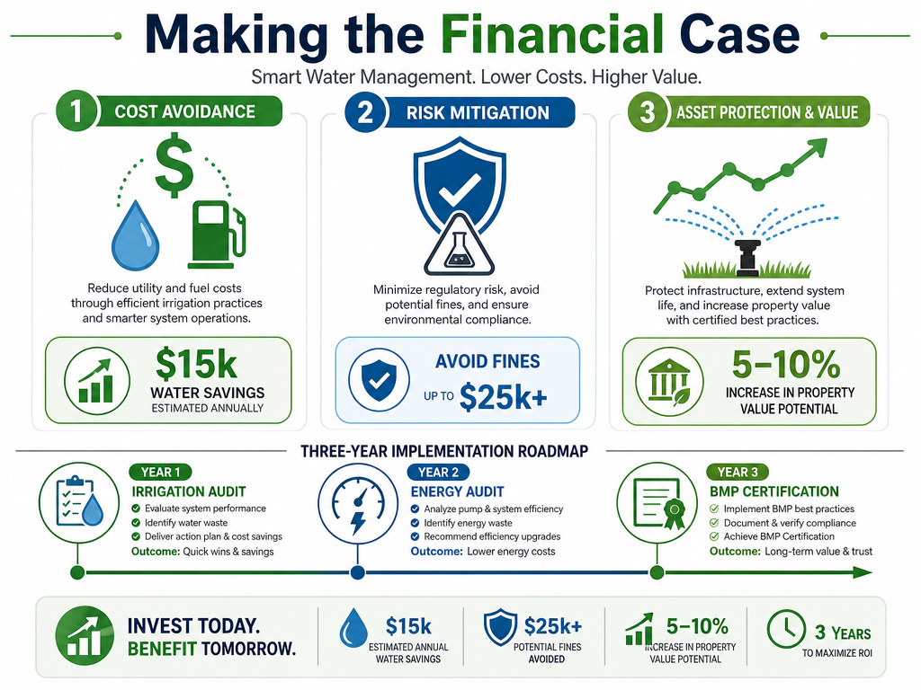 Infographic on cost savings, risk, and value from sustainable golf course management.