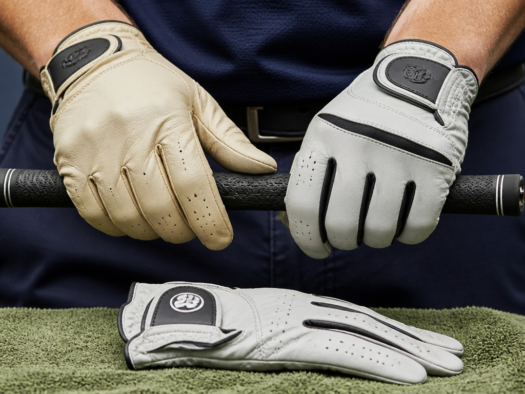 Close-up comparison of cabretta leather, synthetic, and hybrid golf glove materials.