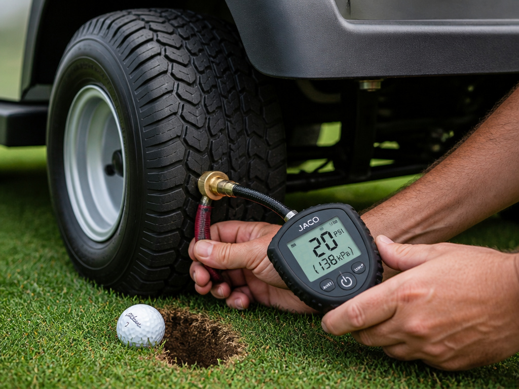 Checking golf cart tire pressure with a gauge on a grassy course fairway.