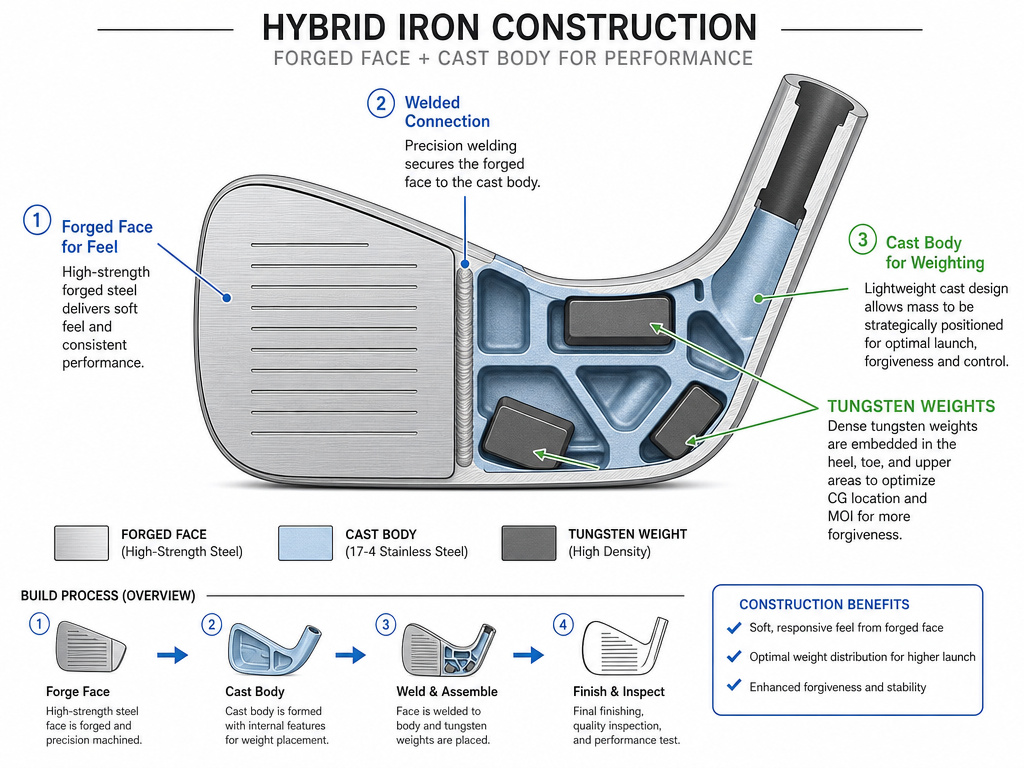 Diagram showing forged face welded to cast body in a hybrid golf iron construction.