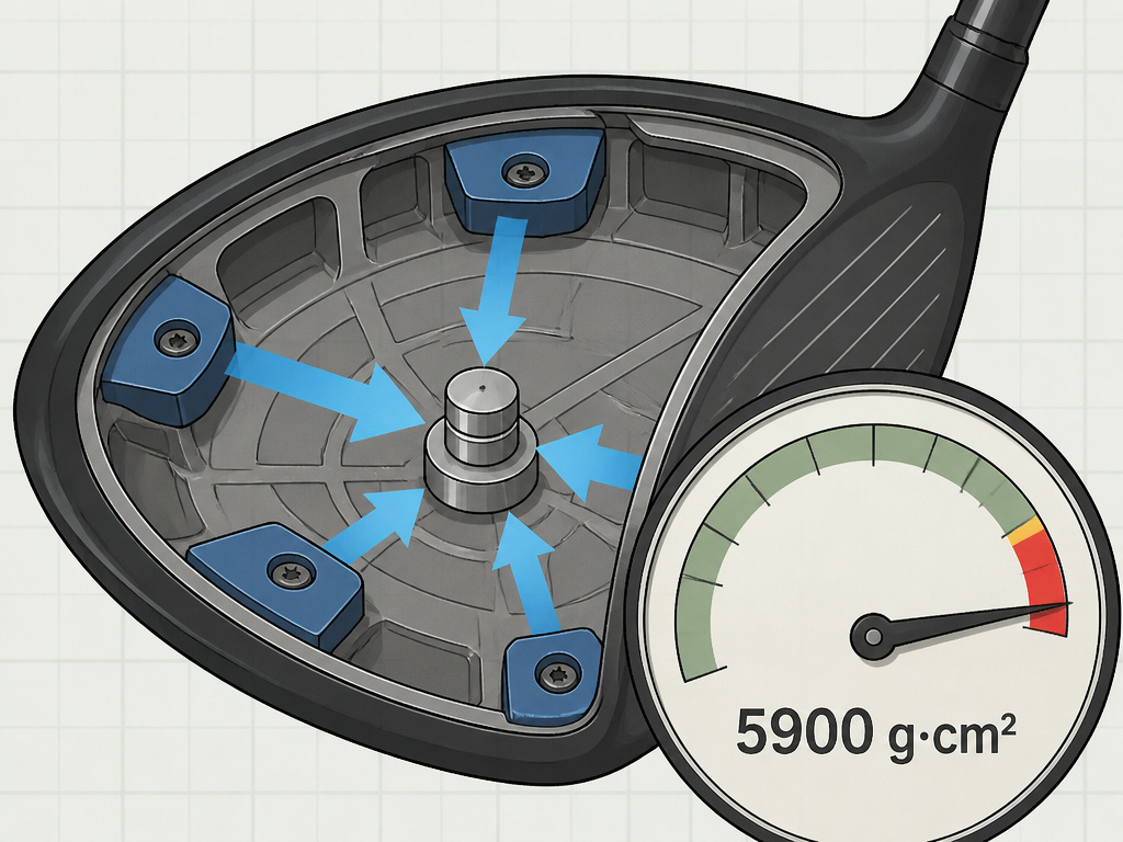 Diagram of driver MOI limit showing weight distribution and 5900 g·cm² forgiveness cap.