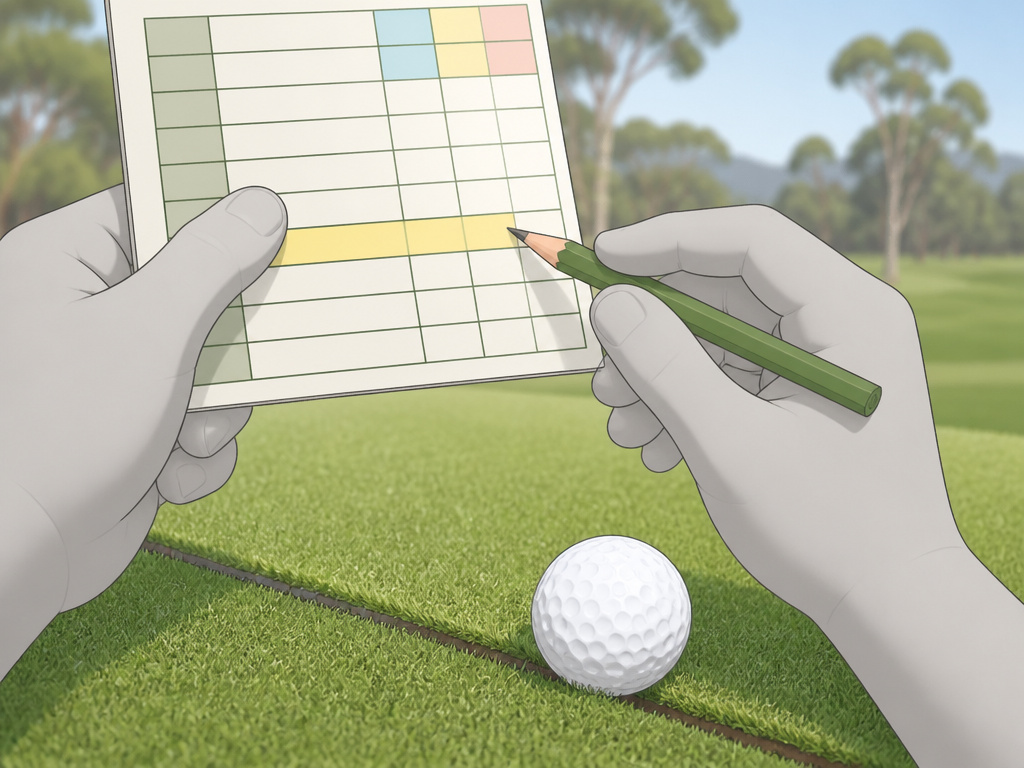 Golfer checking local rules for seam of cut turf relief on Australian course.