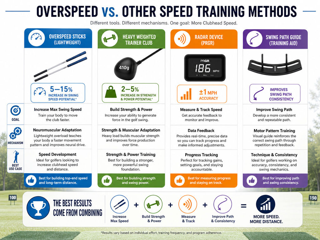 Comparison chart of overspeed training versus weighted, feedback, and technical golf trainers.