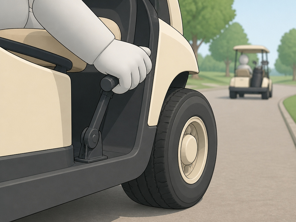 Golf cart parking brake engaged and safe passing on a cart path.