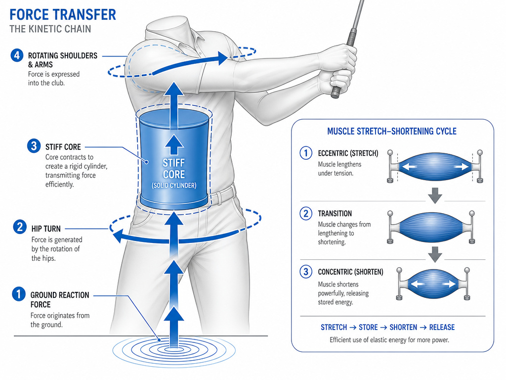 Diagram showing how core stiffness and plyometrics transfer force for faster golf swing speed.