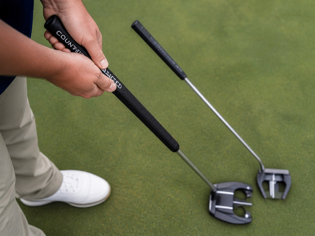 Close-up comparison of a counterbalanced putter grip versus a standard putter grip.