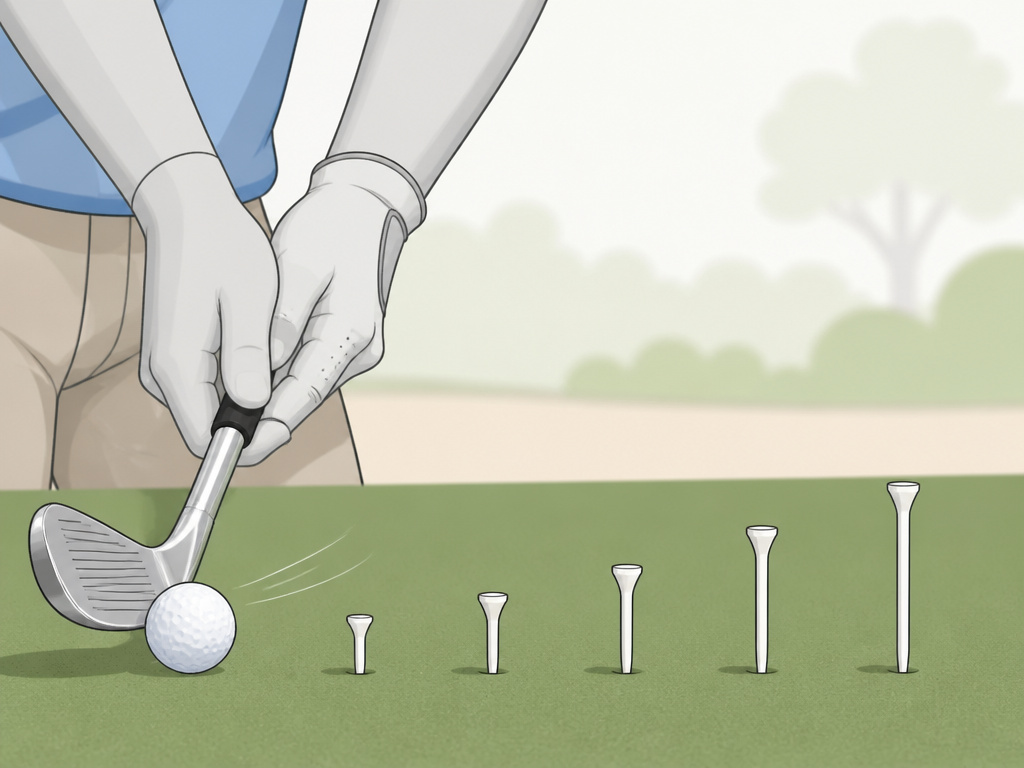 Cartoon of a golfer's hands practicing a chipping ladder drill with tees.