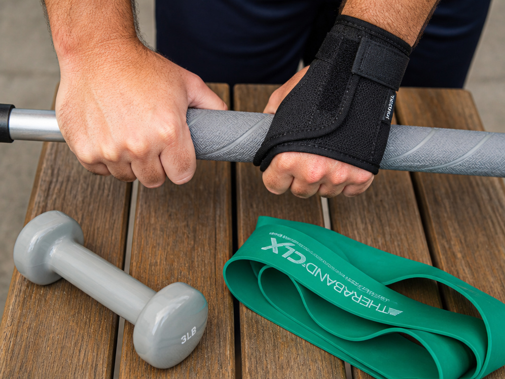 Golfer's hands with wrist brace and oversized grip for injury prevention.