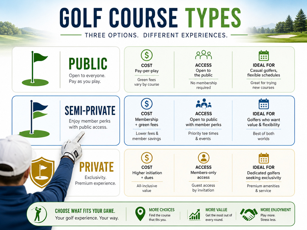 Infographic comparing public, semi-private, and private golf course differences