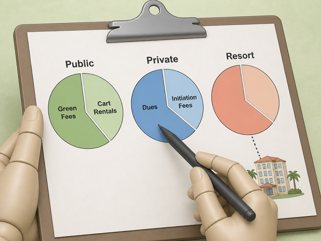 Three pie charts comparing revenue models for public, private, and resort golf courses.