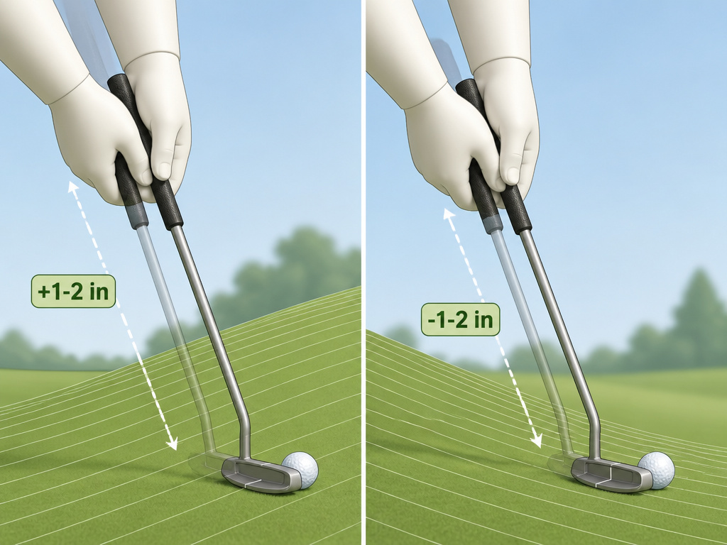 Cartoon diagrams comparing uphill and downhill lag putt stroke adjustments