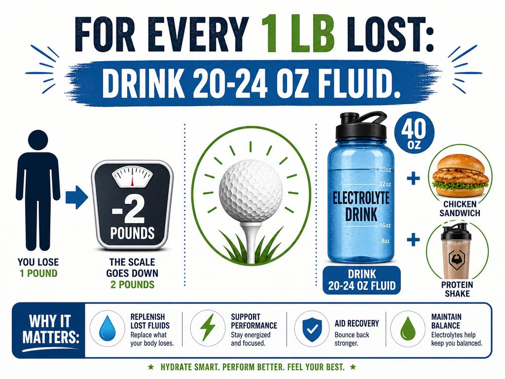 Infographic on post-round rehydration with electrolyte drinks and protein for golfers.