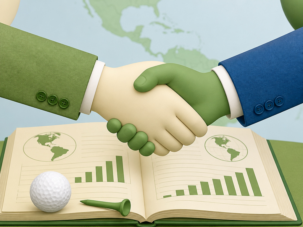 Registered golfers shaking hands over a membership ledger showing global growth charts