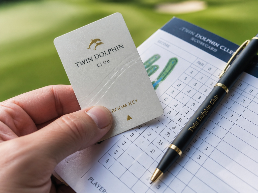 Resort room key card placed on a golf scorecard, symbolizing guest-only access.