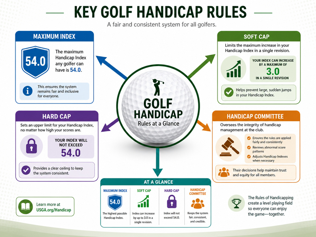Infographic explaining WHS rules on maximum handicap, soft and hard caps, and committee role.