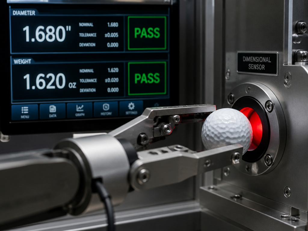 Automated machine checking golf ball diameter and weight against strict tolerances.