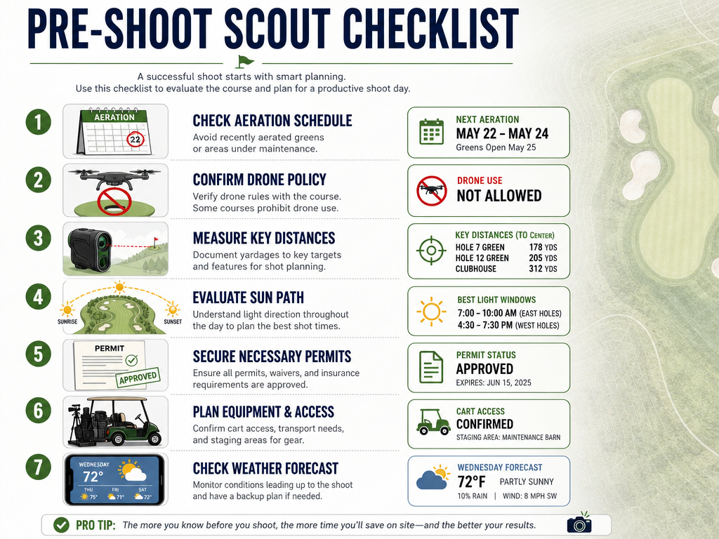 Golf course photography scouting checklist infographic with seven essential steps.