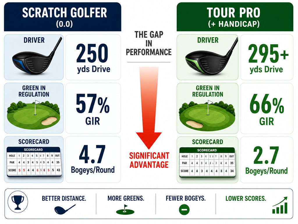 Infographic comparing scratch golfer and professional golfer driving, GIR, and scoring stats