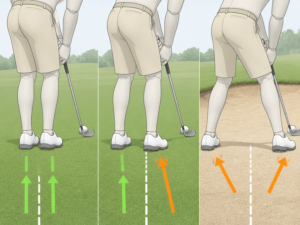 Open, square, and closed golf stances for chipping, pitching, and bunker shots.