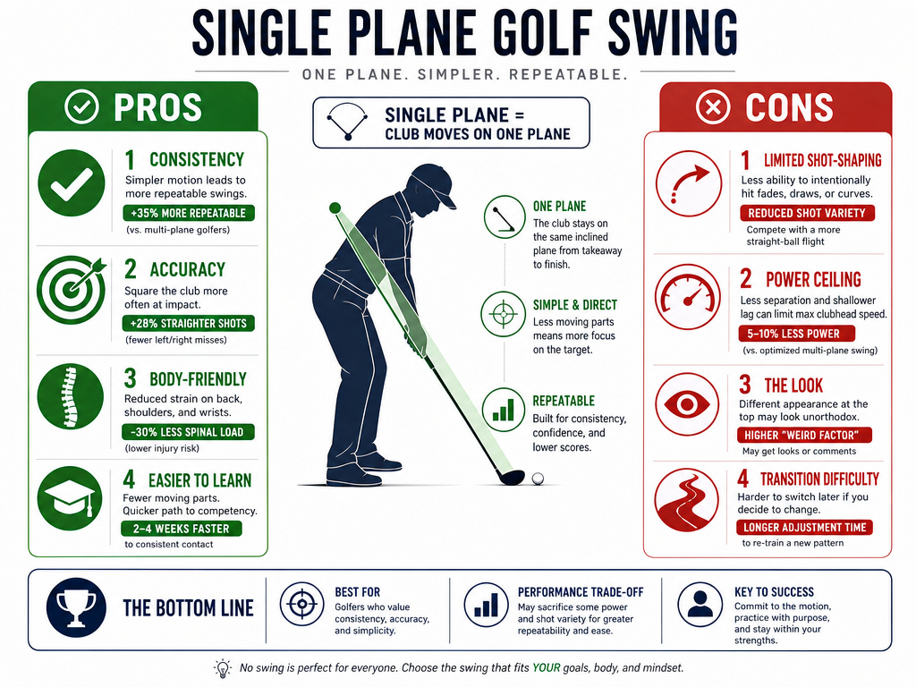 Pros and cons infographic for the single plane golf swing method.