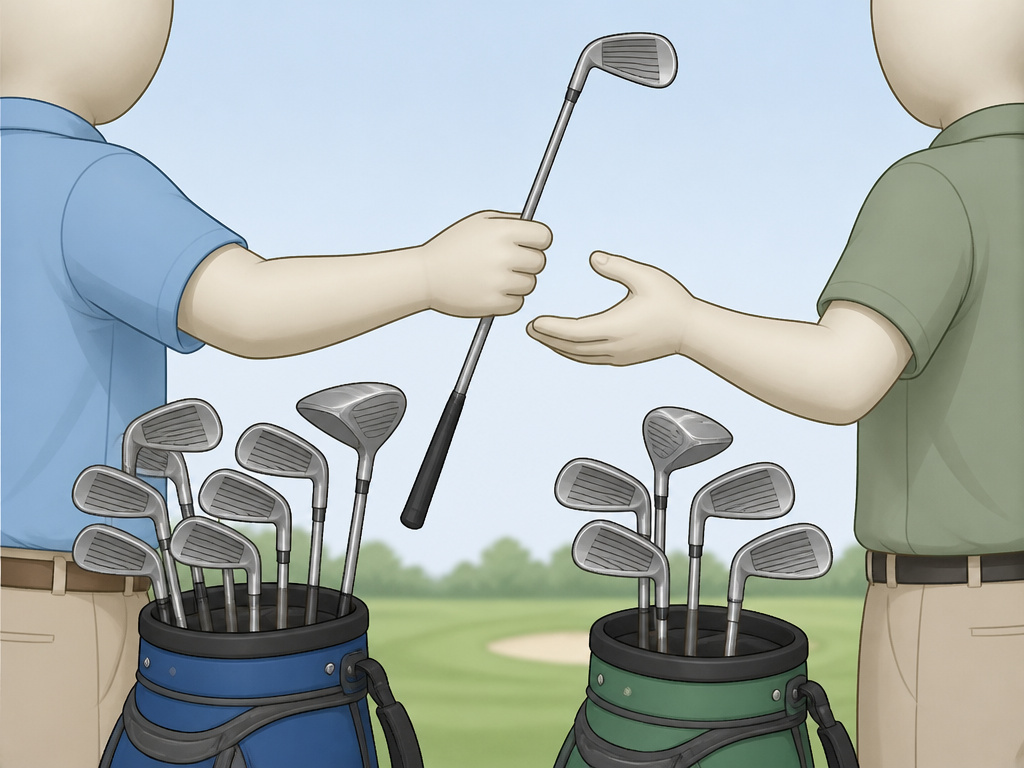 Two golfers sharing clubs to stay within the 14-club limit in team play.