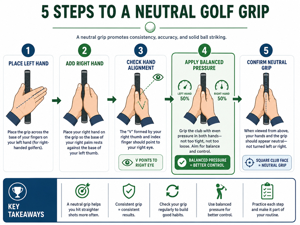 Five-step infographic for building a repeatable neutral golf grip.