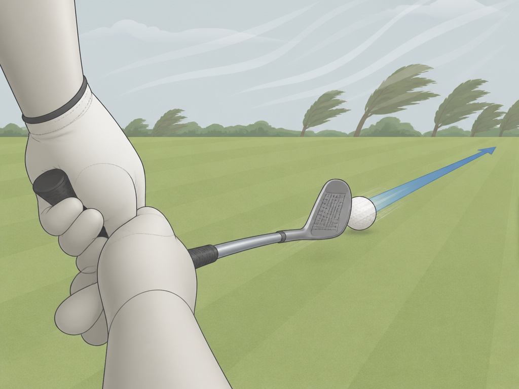Golfer hitting a low stinger shot with an iron into a strong headwind.
