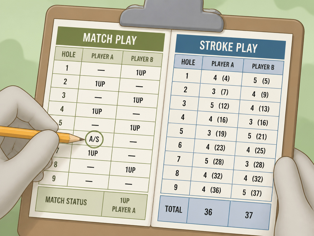 Golf scorecards comparing match play strategy versus stroke play tally.