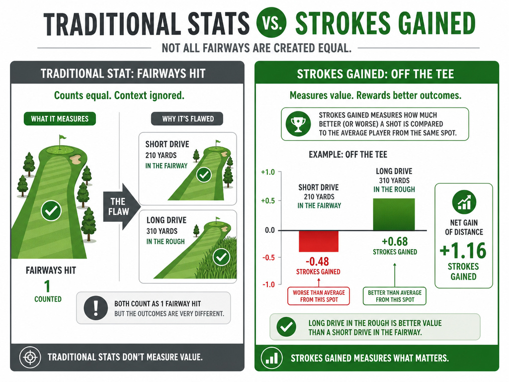Infographic comparing Strokes Gained analysis to traditional golf fairways hit statistic
