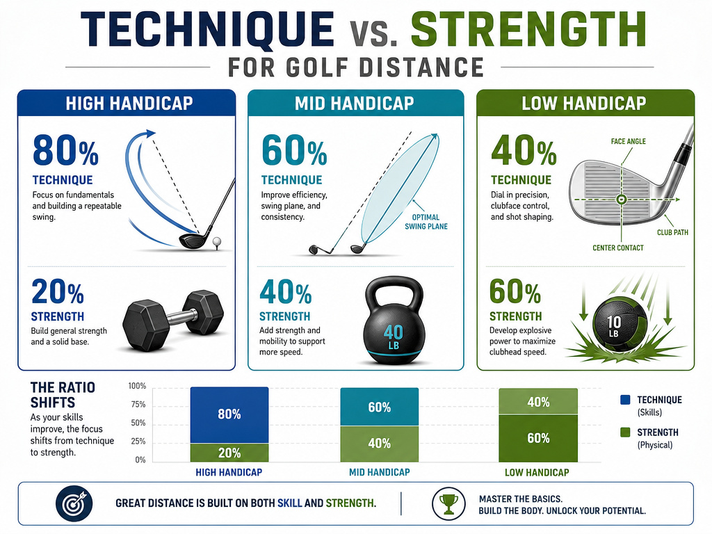 Infographic comparing technique and strength importance for high, mid, and low handicap golfers