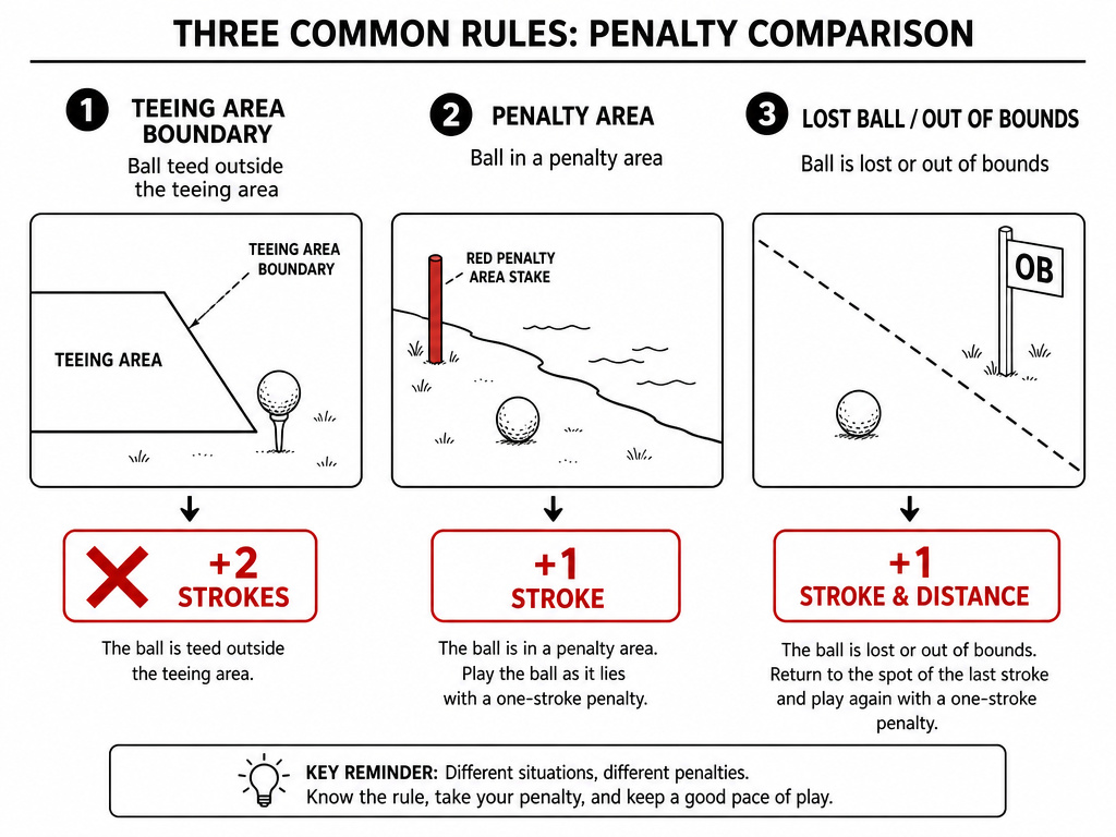 Diagram comparing penalty strokes for teeing area, penalty area, and lost ball rules.