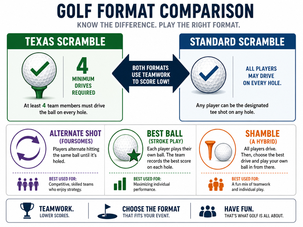 Infographic comparing Texas Scramble to other team golf formats like best ball and shamble.