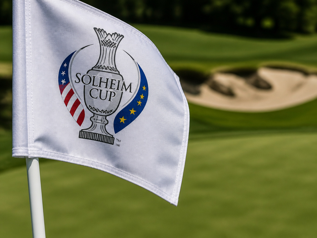 Solheim Cup flag on a green with future venues Bernardus and Valhalla in background.