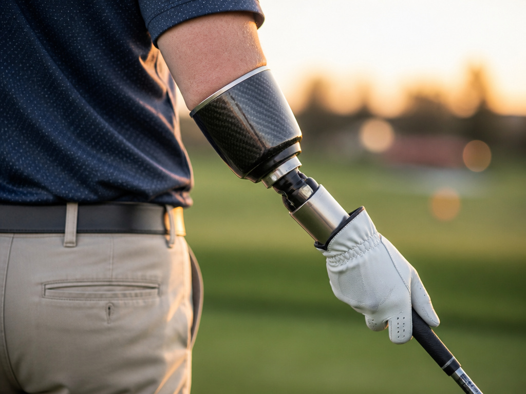 Close-up of prosthetic socket and golf grip for a one-armed swing technique