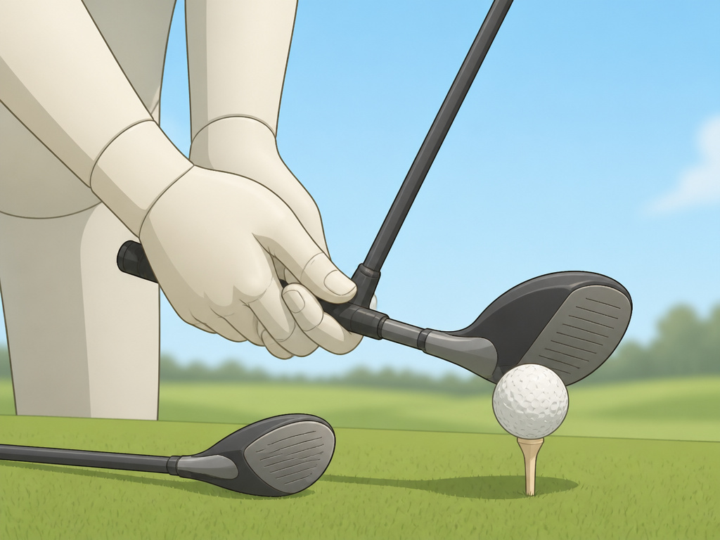 Golfer's hands choosing a forgiving 5 wood over a 3 wood on the fairway.