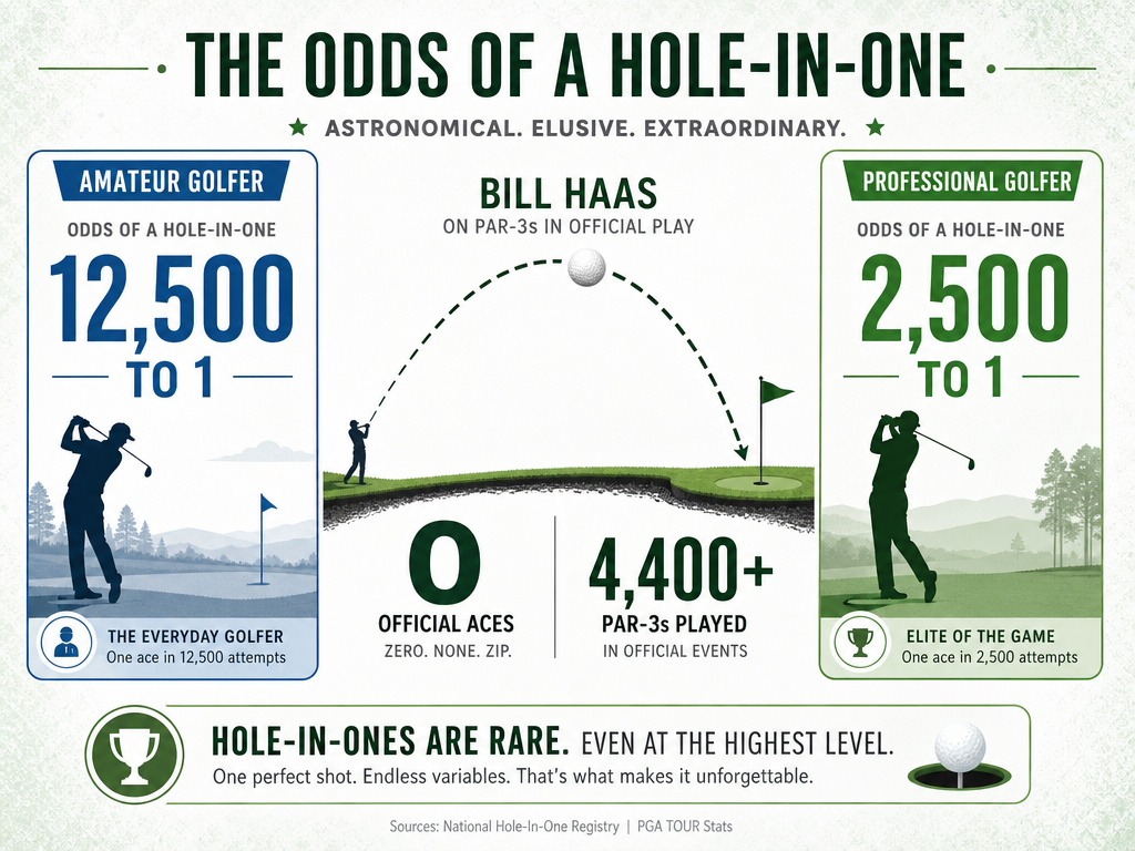 Infographic on the rare odds and statistics of achieving a hole-in-one in golf.
