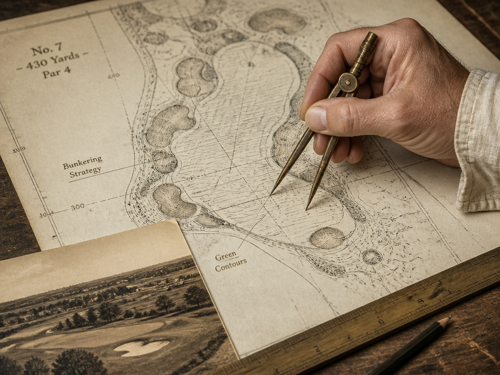 Golden Age golf architect's hand drafting a strategic course design blueprint.