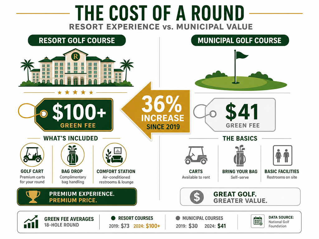 Infographic comparing resort and municipal golf course fees and amenities.