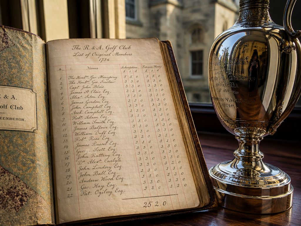 Historic R&A club ledger and trophy beside the St Andrews clubhouse window.