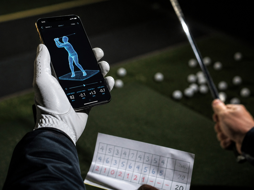 Viktor Hovland swing change analysis using 3D imaging on a dark driving range.