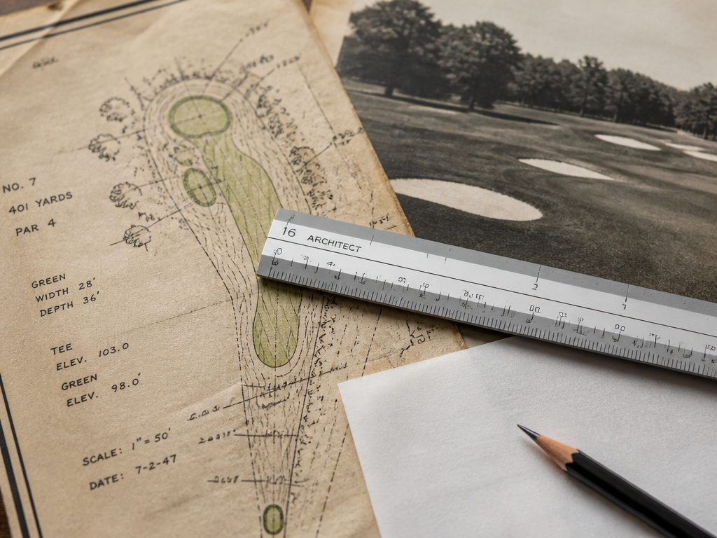 Golf course architect's evolving design philosophy shown on blueprint and tools