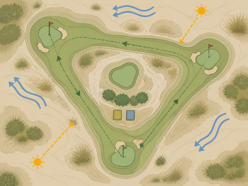 Diagram of golf course routing principles showing triangulation and wind consideration.