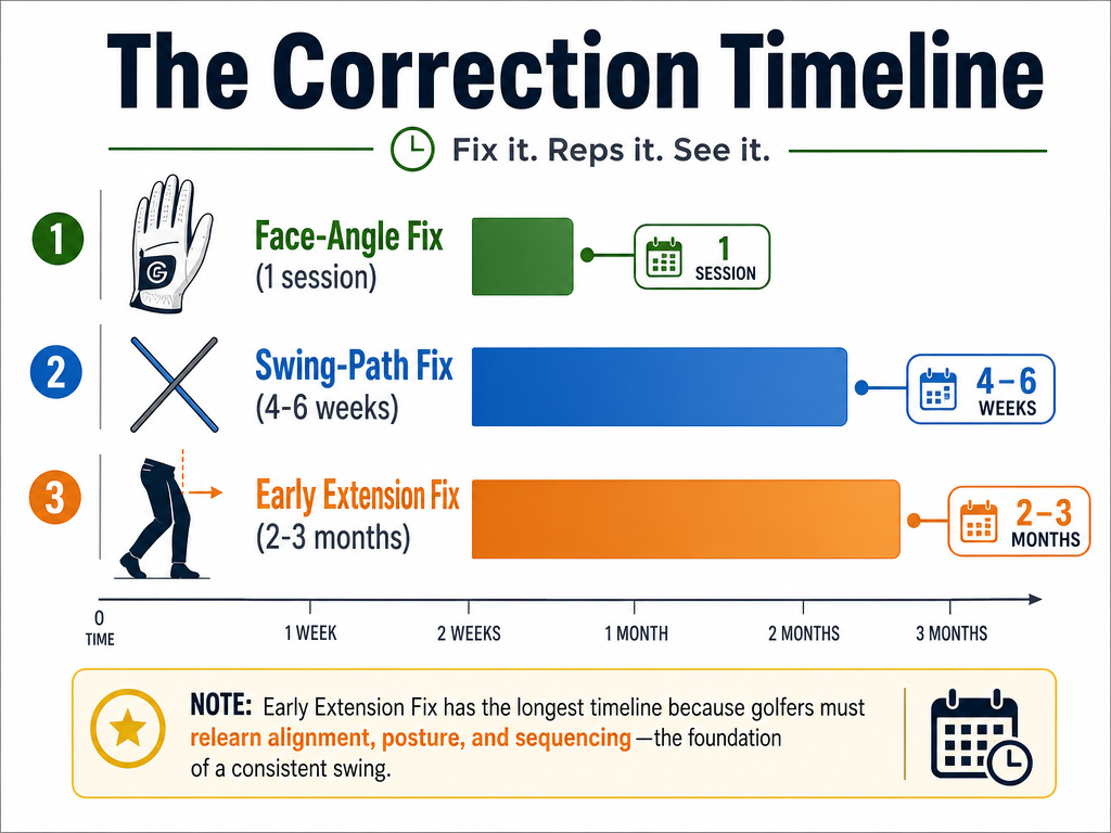 Infographic timeline showing how long it takes to fix different causes of a golf slice.