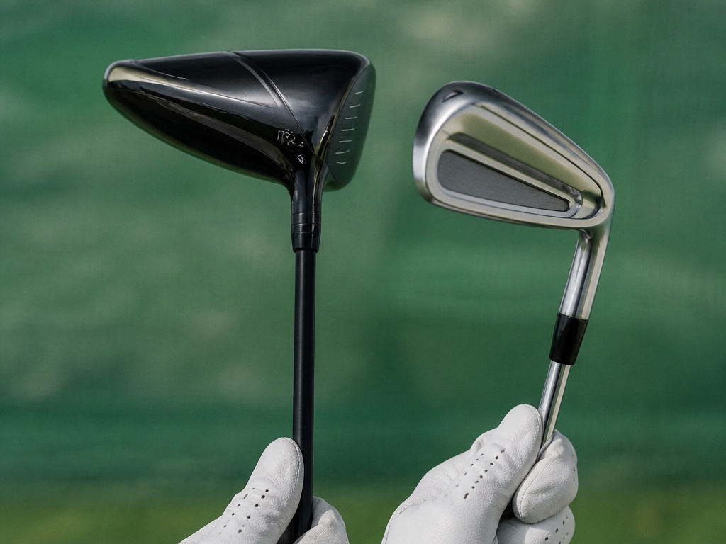 Driver and iron comparison showing differences in loft angle and shaft length.