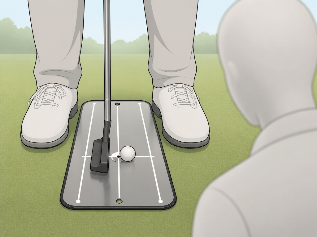 Golfer using a putting mirror drill to practice square setup and alignment.