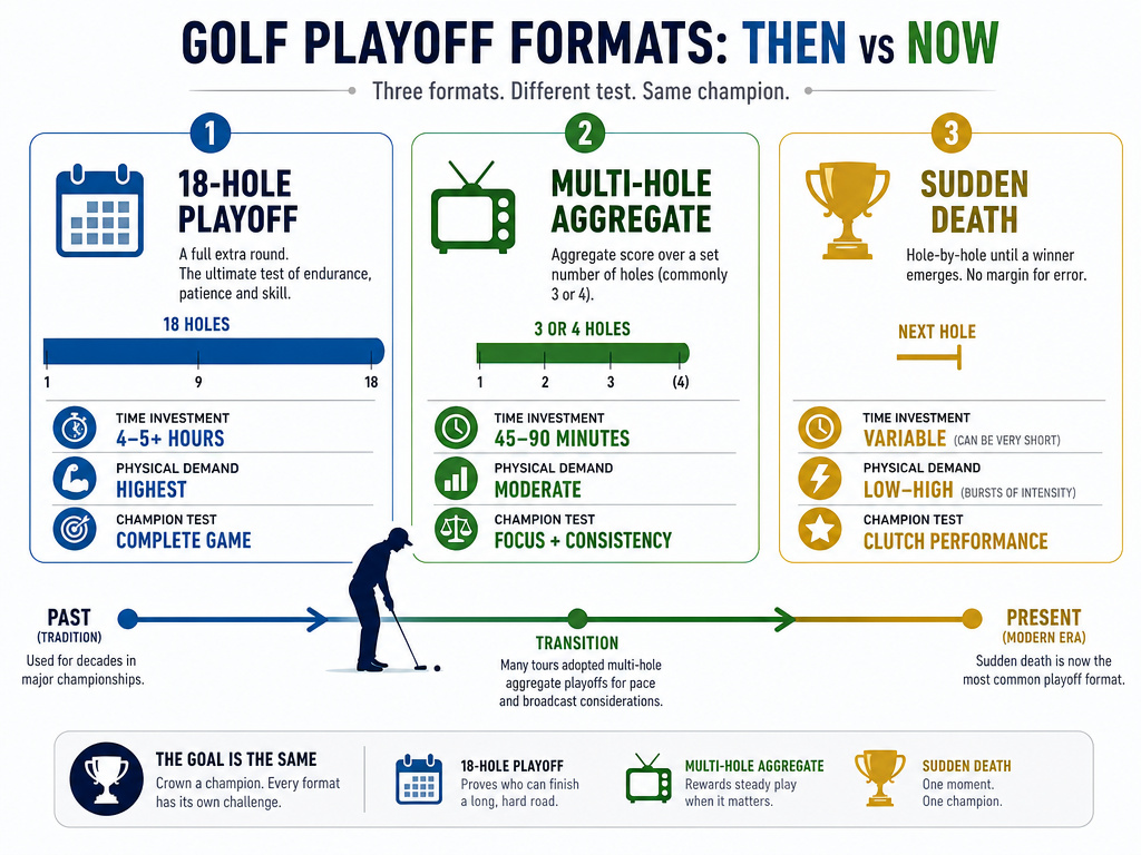 Evolution of golf playoff formats from 18-hole to sudden death infographic