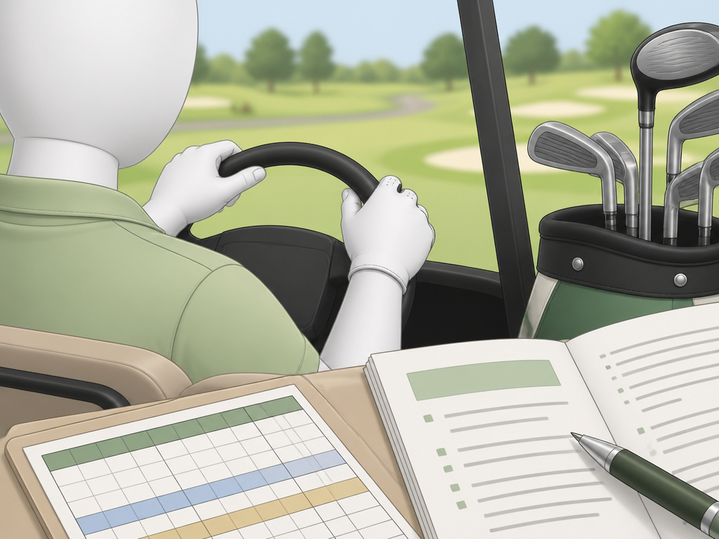 Golfer using a cart for accessibility on a sunny golf course fairway.