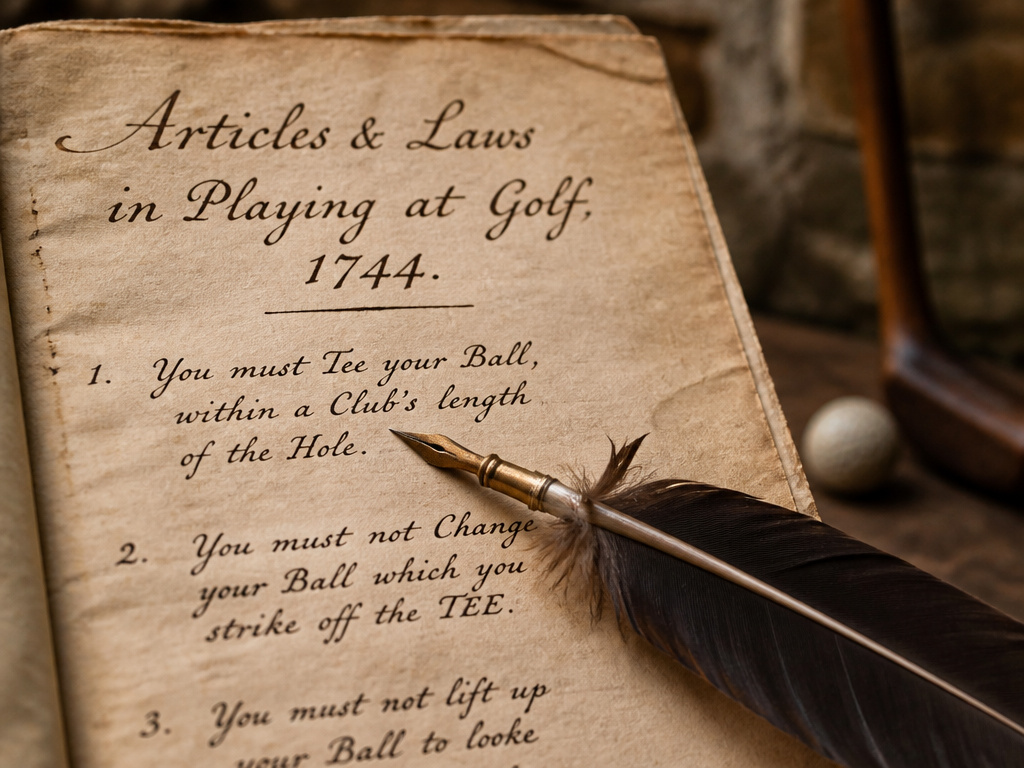 Close-up of the historic 1744 golf rules parchment and a quill on Leith Links.